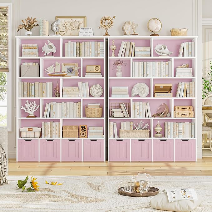 FINETONES 69" H Toy Storage Organizer, 6 Tier Tall Kids Bookshelf with 4 Movable Drawers and 12 Storage Cubbies, 49.4" W Toy Organizers and Storage Organizer Playroom Storage for Kids Room, Pink