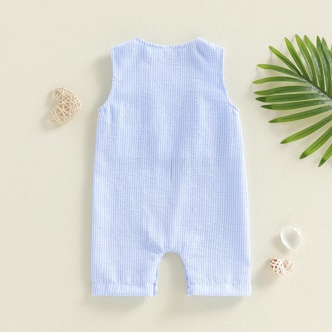 Newborn Baby Boys Sleeveless Seersucker Romper One Piece Straps Overalls - Image 3