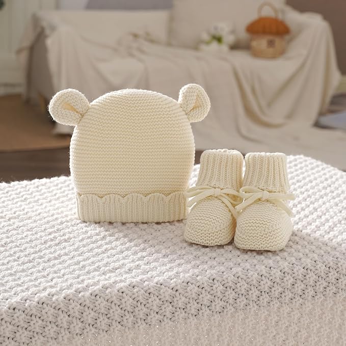 Hadetoto 100% Organic Cotton Baby Beanie and Booties Set | Newborn, Knit Sock - Image 6
