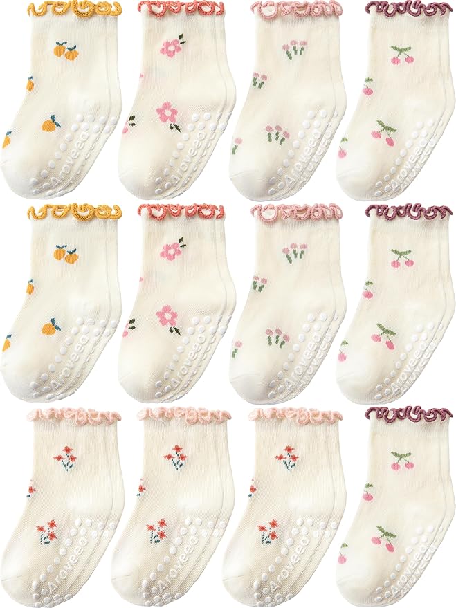 Baby Toddler Girls Socks Grip Ruffle Non Slip Kids Cotton 12 Pack Socks | by Aroveea