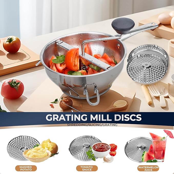 Food Mill Stainless Steel With 3 Grinding Discs and Complete Canning Supplies Starter Kit of 8-Includes Tongs, Jar Lifter, Wrench, Lid Lifter, measurer,Funnel,Labels,Multifunctional Spoon(BX-OG-GR)
