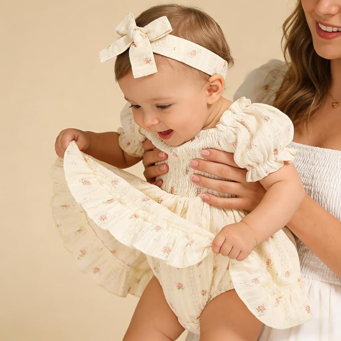 GRNSHTS Baby Girl Romper Dress, Puff Sleeve Smocked Outfit - Image 3
