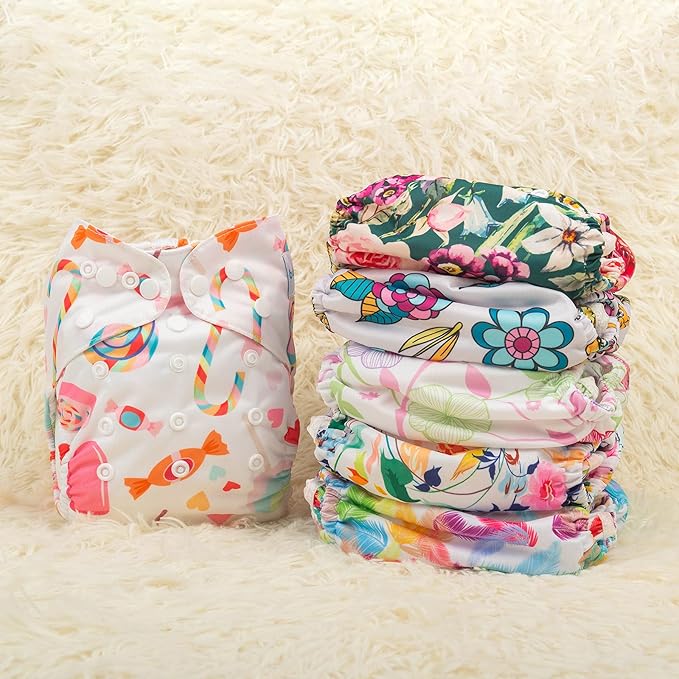 Babygoal Cloth Diaper Cover for Girls,Baby Adjustable Reusable Covers for Fitted Diapers and Prefolds, 6pcs Baby Clothes Covers+One Wet Bag 6DCF04