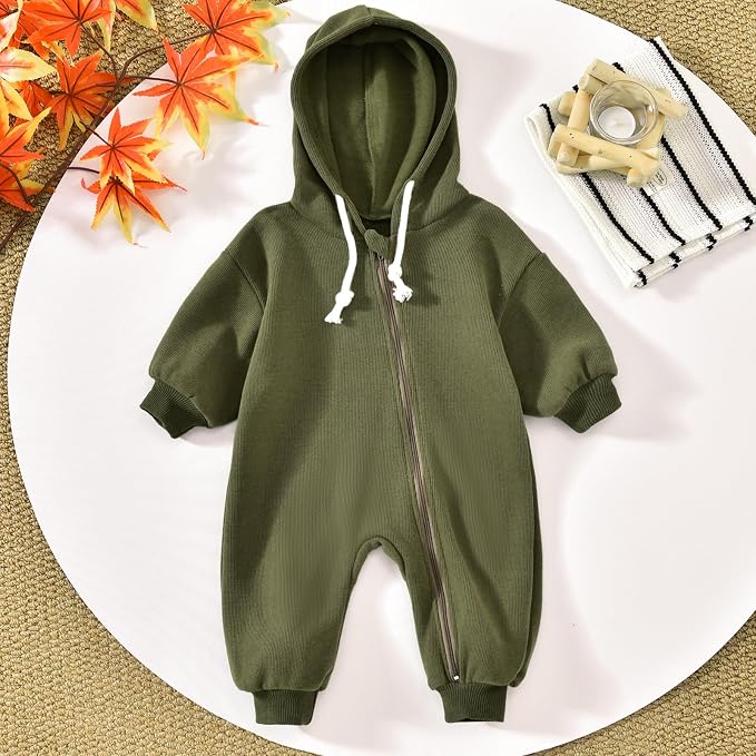 Unutiylo Unisex Baby Boys Girls Long Sleeve Infant Baby Zipper Hooded Jumpsuits - Image 3