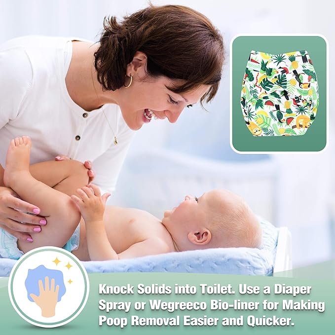 wegreeco Cloth Diapers 6 Pack with 6 Inserts & 1 Wet Bag, Washable Cloth Diapers for Babies, One Size Adjustable Reusable (Fruits, Animals)