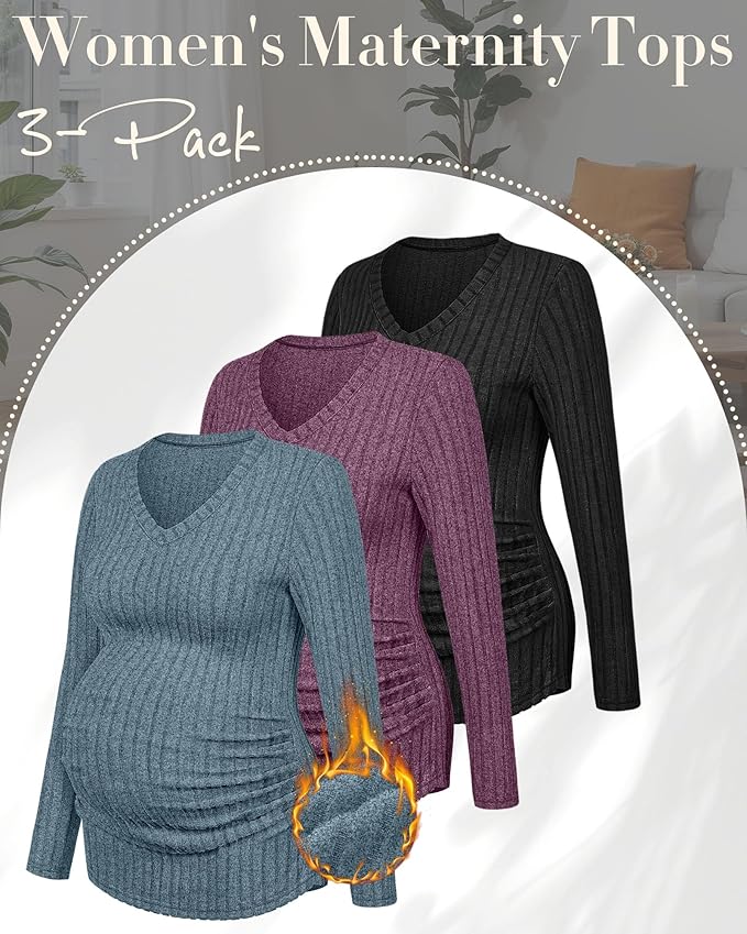 Ficerd 3 Pack Women's Maternity Shirts Ribbed Long Sleeve Pregnancy Tops V Neck Knit Side Ruched Pregnant Clothes Sweater