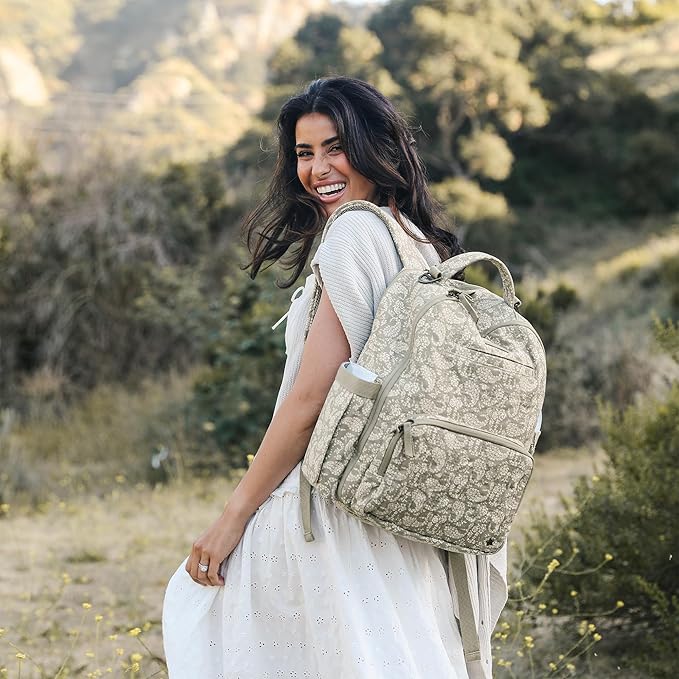 JuJuBe x Sazan Hendrix - New Classic Diaper Bag Backpack with Portable Changing Pad, Stroller Straps, Large Travel Backpack for carrying Baby Bottles, Wipes, Diapers, Pacifiers, Paisley Floral