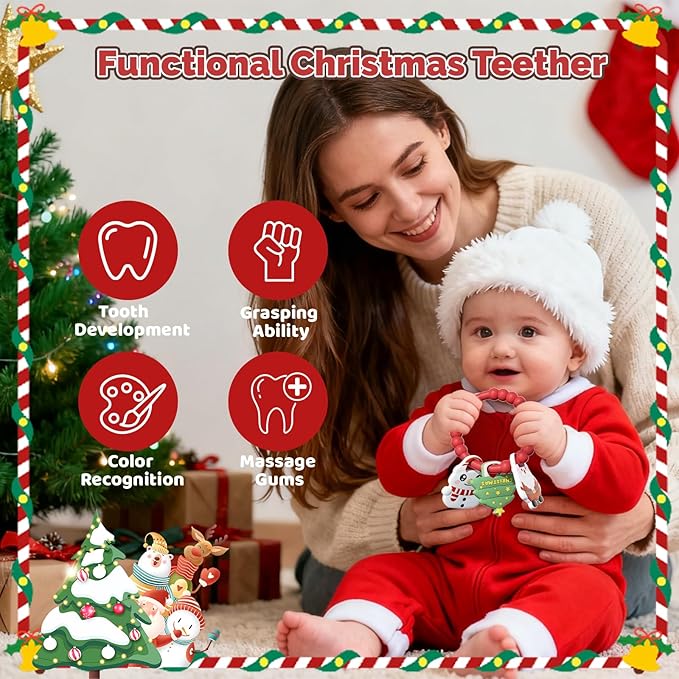 Christmas Baby Teething Ring with 3pcs Teether-Soft Santa Claus, Snowman & Tree, Textured Silicone Teether for 0-12months, Baby Sensory Chew Bracelet for Baby’s First Christmas