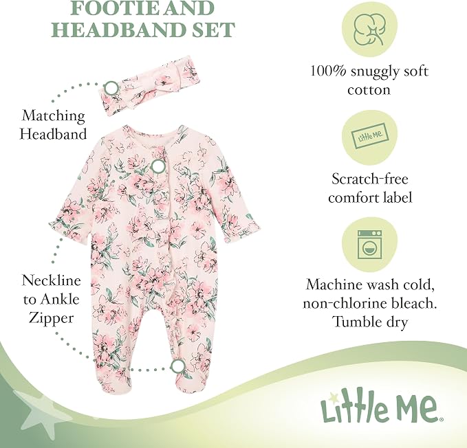 Little Me Clothes for Baby Girls 100% Cotton 2Pc Zipper Closure Footie and - Image 3