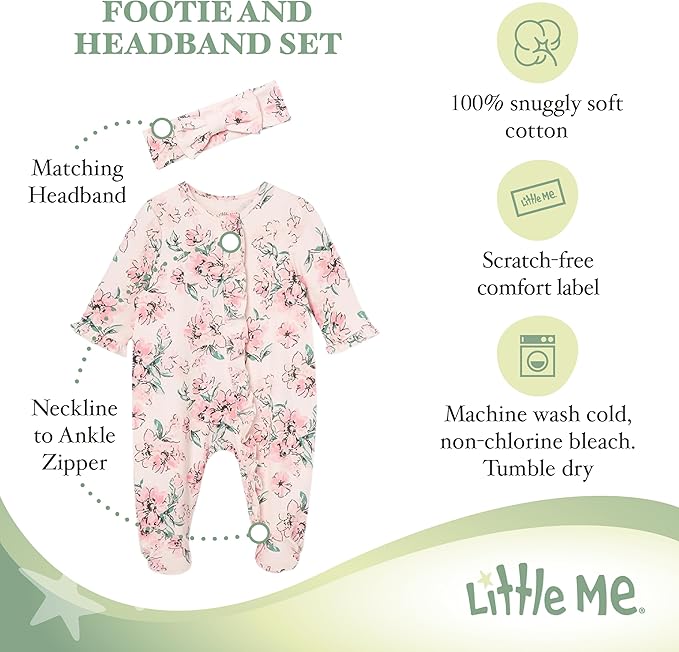 Little Me Clothes for Baby Girls 100% Cotton 2Pc Zipper Closure Footie and - Image 3