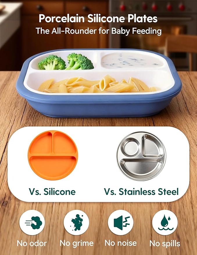 BABELIO 8'' Toddler Porcelain Plates with Silicone Suction Sleeves, Lead & BPA Free, Divided, Microwave & Dishwasher Safe, Stay Put, Suitable for Kids/Babies, Grayish Purple