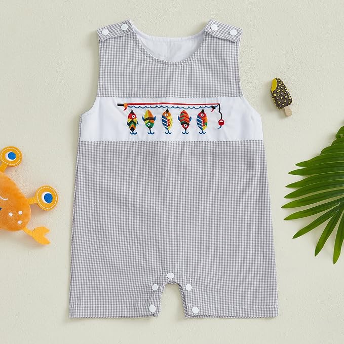 Newborn Baby Boys Sleeveless Seersucker Romper One Piece Straps Overalls - Image 2