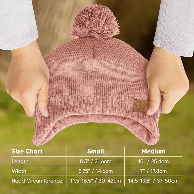 Baby Beanies, Baby Hats for Boys, Girls - Cute Toddler Winter Hat, Soft & Stretchy Beanies for Infant, Newborn 6-36 Months, Cozy & Warm with Earflap Muff & Pom (Tea Rose)