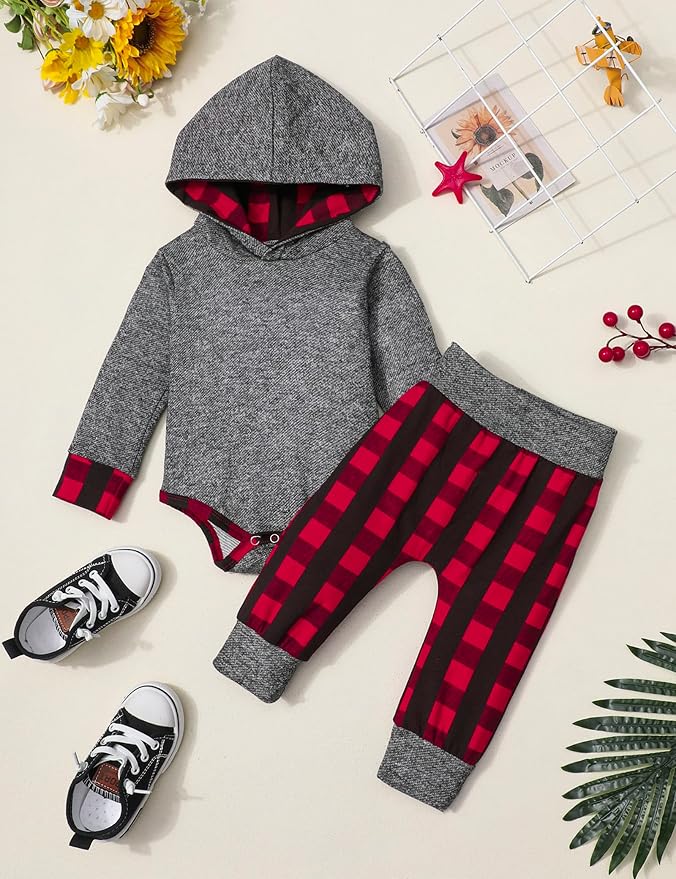 Fommy Newborn Baby Boy Clothes Plaid Letter Print Long Sleeve Hoodies + Long - Image 8