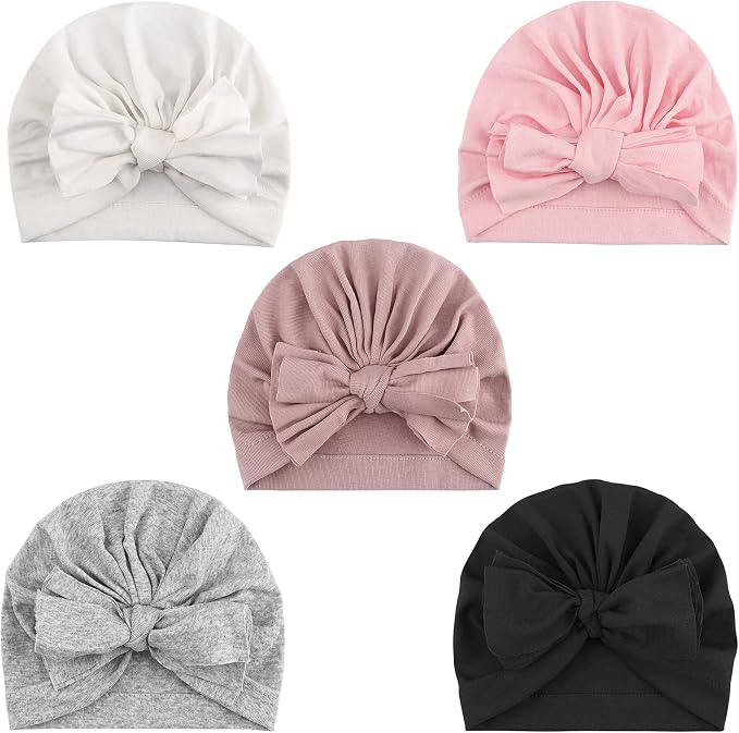 DRESHOW BQUBO 5 Pieces Newborn Baby Turban Hats Bow Baby Infant Beanie - Image 8