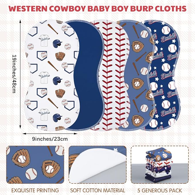 SmoothNovelty 5 Pack Baseball Baby Burp Cloths Soft Absorbent Burping Rags - Image 2