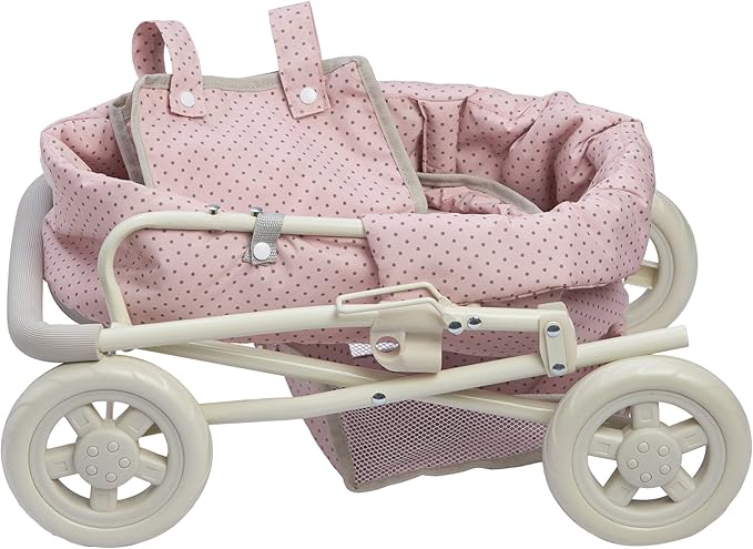 Olivia's Little World Buggy-Style Baby Doll Stroller with Retractable Canopy, Storage Underneath, Detachable Bassinet, Travel Nursery Bag, Comfortable to Push, Pink and Gray