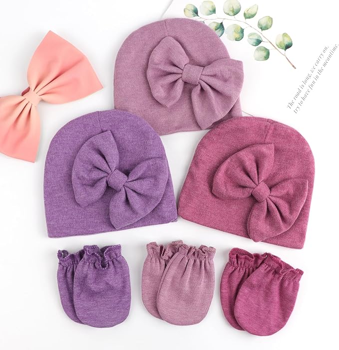 BQUBO Newborn Baby Girls Hats Mittens Set Hospital Hat Beanie Infant Bow Hats - Image 7