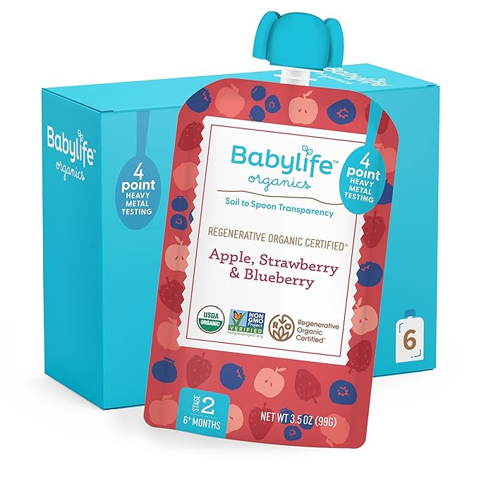 Babylife Organics Stage 2 - Apple, Strawberry & Blueberry, 3.5 Ounce Pouch (6 Pack) - Heavy Metal Safe, Organic Baby Food