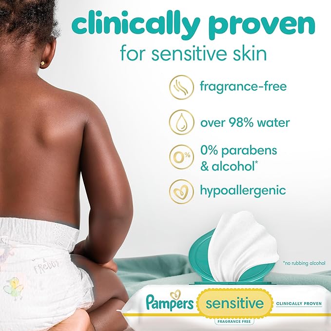 Pampers Baby Wipes Sensitive, Water Based Baby Wipes, Hypoallergenic and Unscented Baby Wipes, 56 Wipes Total (1 Flip-Top Packs)