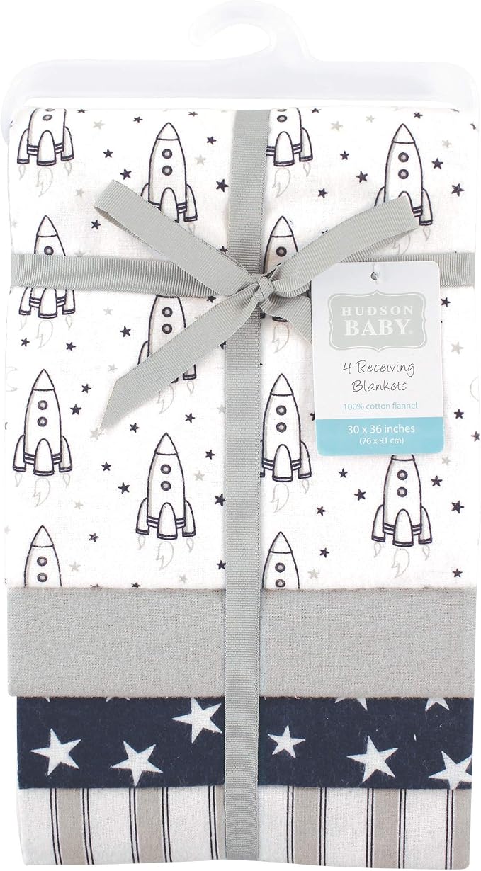Hudson Baby Unisex Baby Cotton Flannel Receiving Blankets, Rocket Ship - Image 2