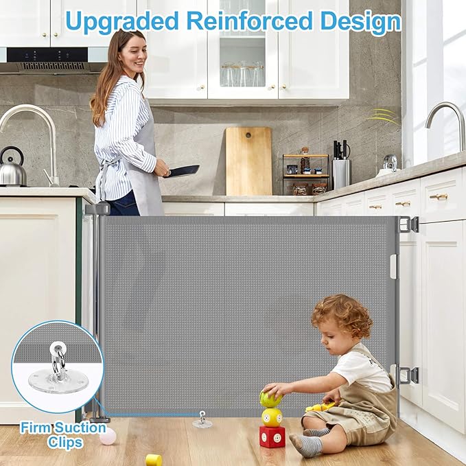 55 inch Retractable Baby Gates, EZIGO Extra Wide Baby Gate for Large Opening Extra Long Mesh Gate for Kids or Pet Dog Gate Child Safety Gate for Stairs Hallways Doorway Indoor Outdoor, Gray