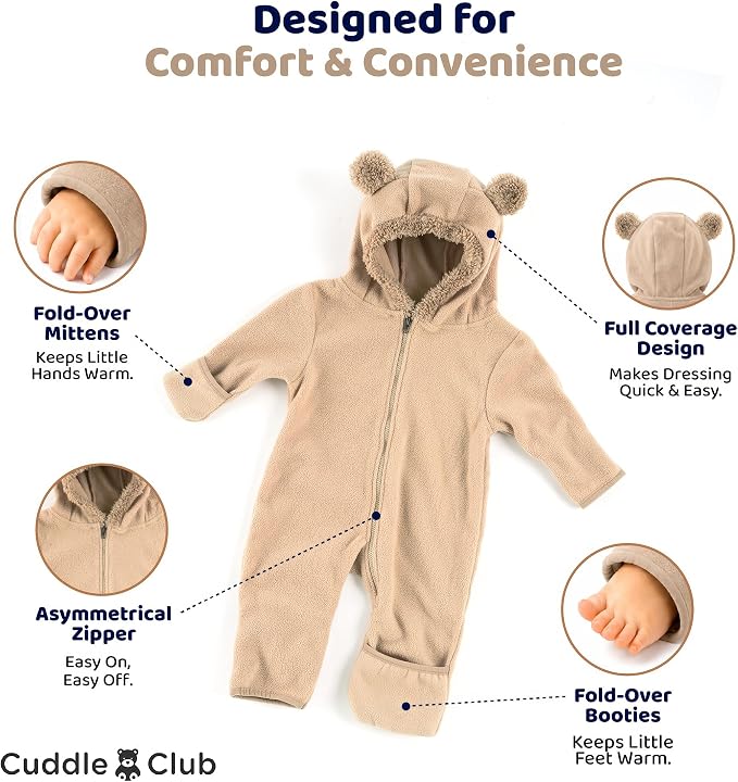 Cuddle Club Fleece Baby Bunting Bodysuit Hoodie, Newborn - Image 3