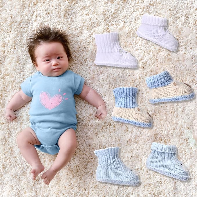 Evervibe 3 Pair Knitted Baby Booties | 100% Cotton, 0-6 Months Newborn - Image 6