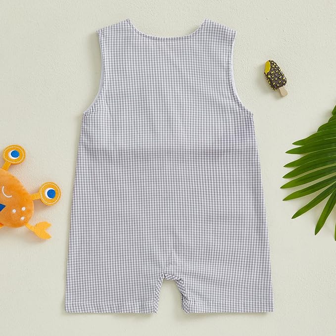 Newborn Baby Boys Sleeveless Seersucker Romper One Piece Straps Overalls - Image 3
