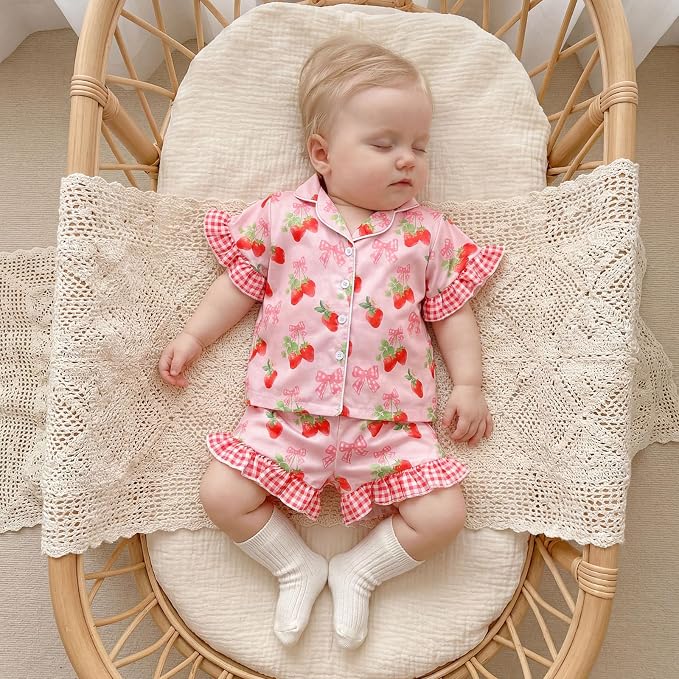 Kuriozud Toddler Baby Girl Pajamas Set Summer Floral Short Sleeve Button Down - Image 4