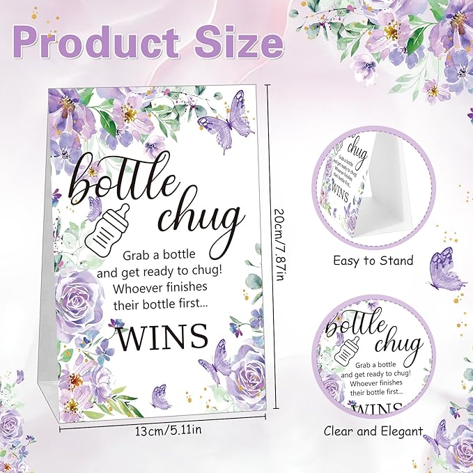 TrelaCo Bottle Chug Baby Shower Game 20 Pcs Baby Bottles Shower Favor with 1 Butterfly Theme Sign for Gender Reveal Party Supplies Gifts(Purple)