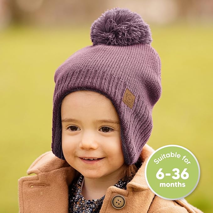 Baby Beanies, Baby Hats for Boys, Girls - Cute Toddler Winter Hat, Soft & Stretchy Beanies for Infant, Newborn 6-36 Months, Cozy & Warm with Earflap Muff & Pom (Regalia)