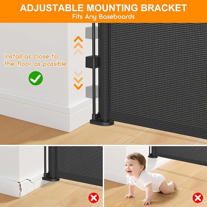 196 Inch Retractable Baby Gates Extra Wide, 41 Inch Reinforced Extra Tall Gate for Large Openings, Mesh Safety Gate for Kids Pets, Retractable Dog Gate for Pool Garages Doorway Indoor Outdoor, Black