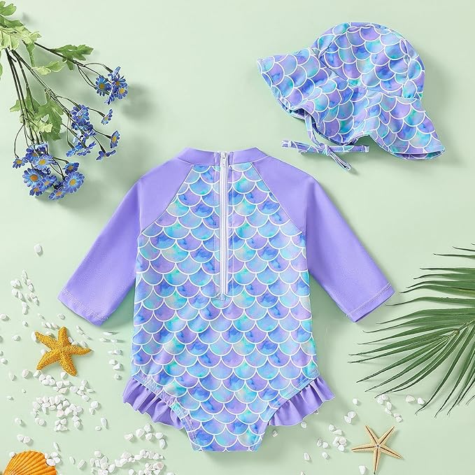 WOLBAY Baby Girl Swimsuit Long Sleeve One Piece Rash Guard with Sun Hat Zipper Bathing Suit Size 0-2T