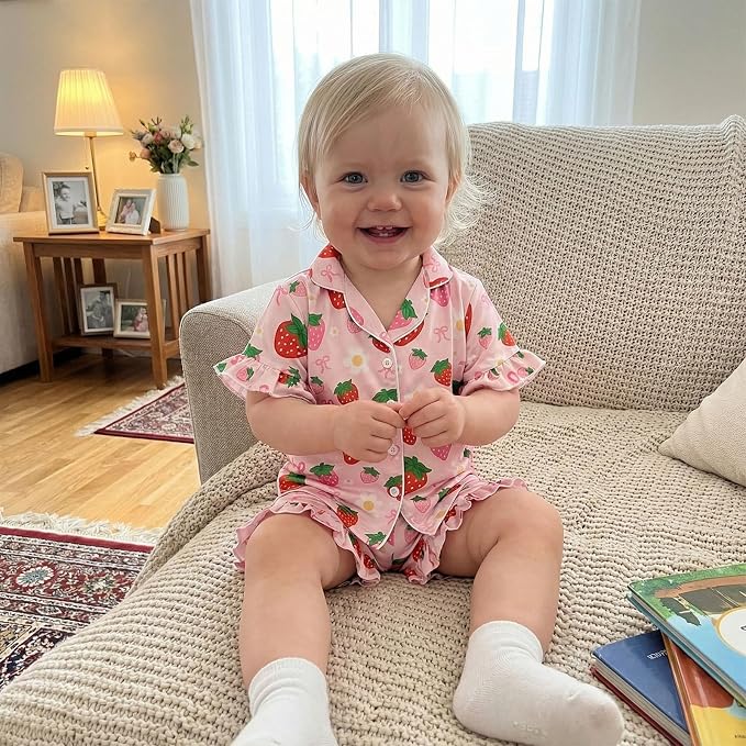 Kuriozud Toddler Baby Girl Pajamas Set Summer Floral Short Sleeve Button Down - Image 3