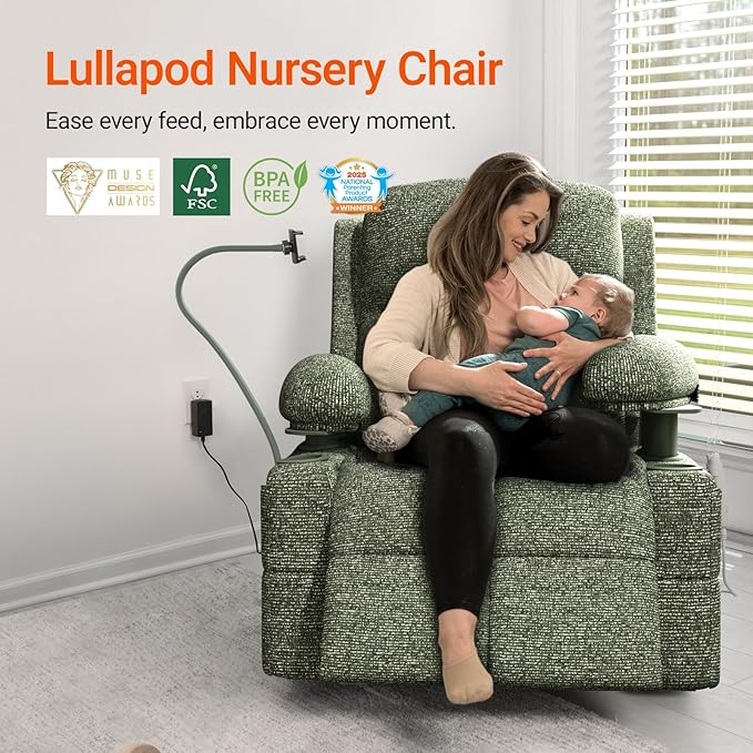 MAMAZING Oversized Rocking Chair Nursery with Adjustable Armrests, Electric Glider Recliner Nursing Chair for Breastfeeding, Power Swivel Recliner Chairs, Oeko-TEX & FSC Certified (Moss Green, Fabric)