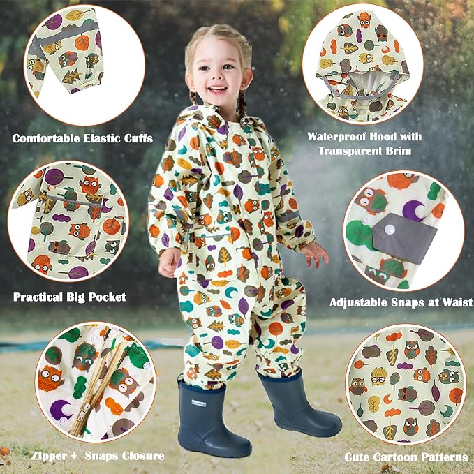 Fewlby Kids Toddler Rain Suit for Boys Girls One Piece Hoodie Zipper Cartoon - Image 5
