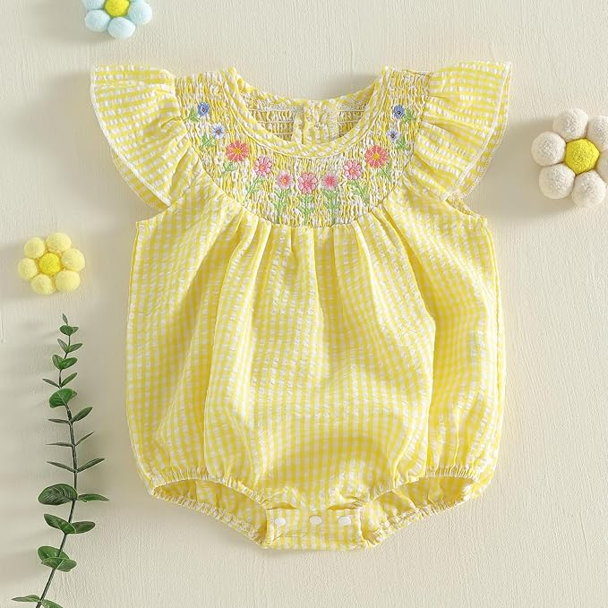 Newborn Baby Girl Bubble Romper Floral Stripe Smocked Onesie Summer Clothes - Image 4