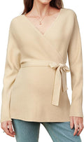 OUGES Womens Soft Cotton Blend Maternity Sweater Wrap V Neck Long Sleeve V Back Fall Shirts Pregnancy Outfits with Belt