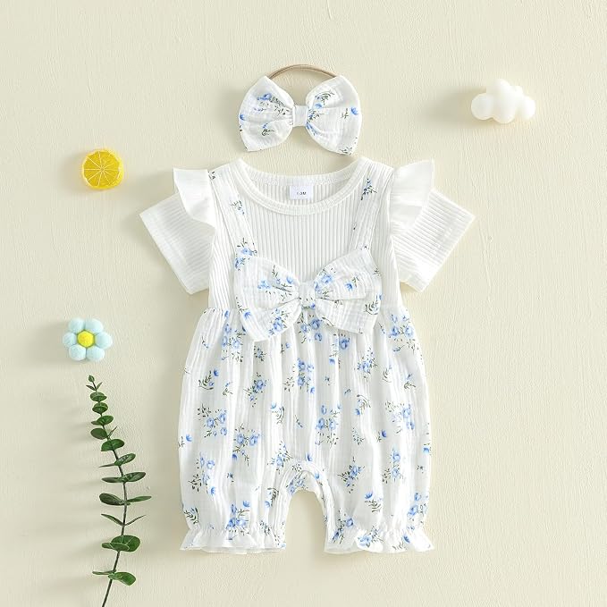 YINGISFITM Newborn Baby Girl Summer Clothes Short Sleeve Bubble Romper Bow - Image 5