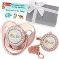 Personalized Pacifier with Name, Bling Pacifier Clip Set with Gift Box Greeting Card, Glitter Crystal Luxurious Soother Dummy Ideal Gift for Girl Baby Shower Newborn Photography(Rose Gold)