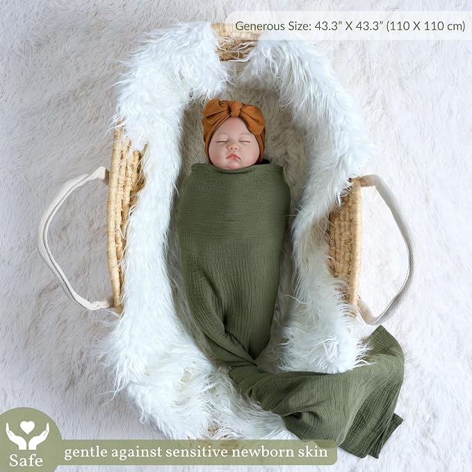 Meracorallo Muslin Swaddle Blanket, 100% Cotton, Olive Green | Soft Breathable - Image 2
