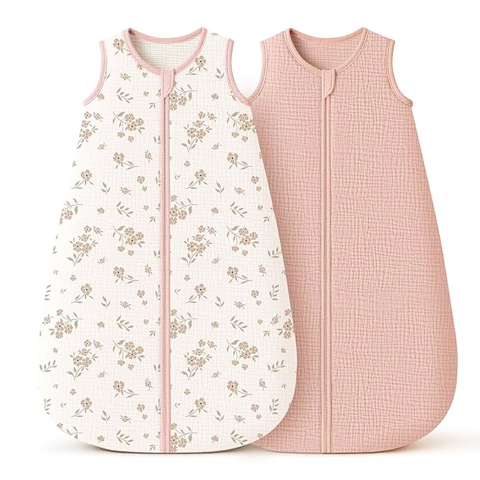 Konssy Muslin Baby Sleep Sack 6-12 Months 0.8 TOG, 2 Pack 100% Cotton Wearable Blanket for Babies, 2-Way Zipper Breathable Sleeping Sack Infant Toddler Essentials for Girls and Boys (Blossom, Pink)