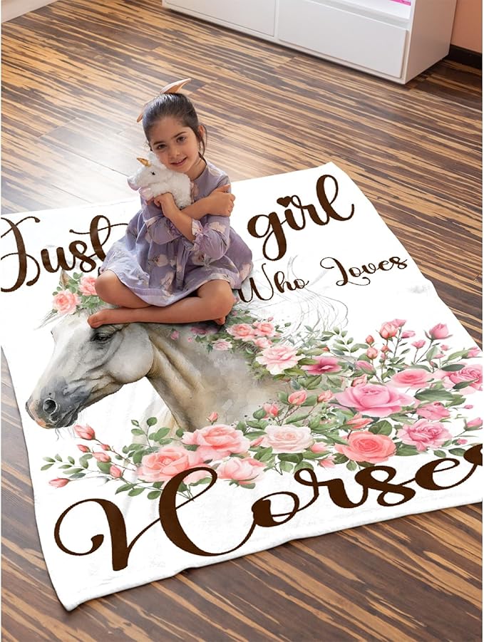Just A Girl Who Loves Horses Throw Blanket for Women Men Flowers Animals Blanket Gifts for Adults Cute Horse Lightweight Blanket 60X80 Inches for Bed All Season
