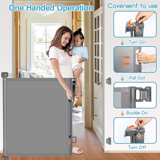 55 inch Retractable Baby Gates, EZIGO Extra Wide Baby Gate for Large Opening Extra Long Mesh Gate for Kids or Pet Dog Gate Child Safety Gate for Stairs Hallways Doorway Indoor Outdoor, Gray
