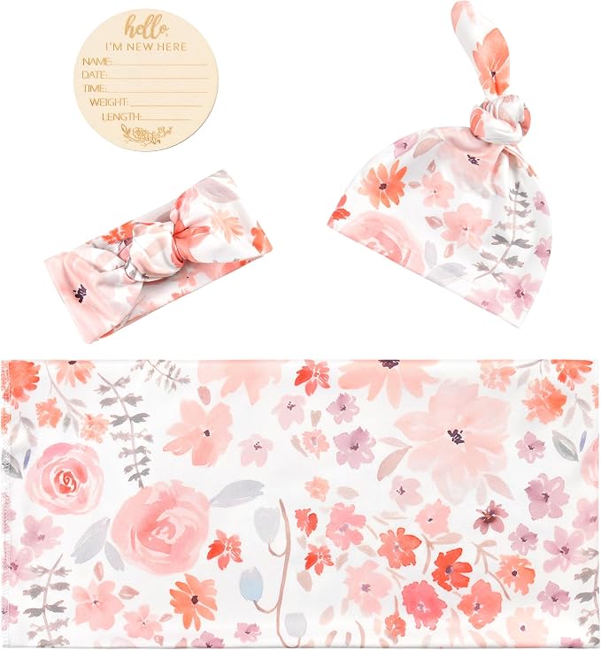 Newborn Baby Swaddle Set Headband Beanie and Name Card - Image 2