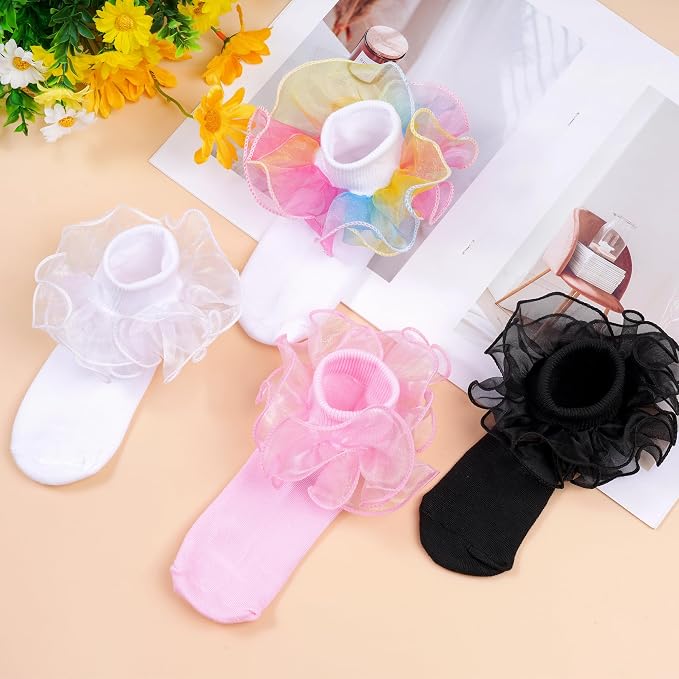 Topbuti 4 Pairs Baby Girls Ruffle Socks Double Lace Frilly Turn Cuff Cotton - Image 2