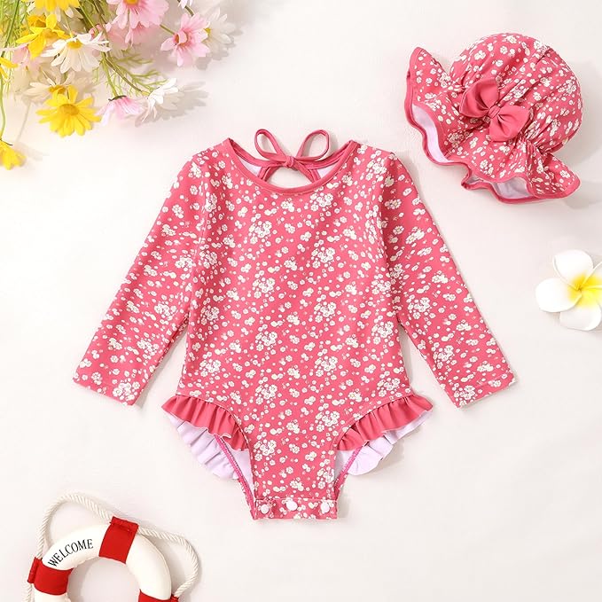 YOUNGER TREE Infant Baby Girls Swimsuit Long Sleeve Swimsuits One Piece Swimsuit Solid Color Bathing Suit with Hat, UPF 50+