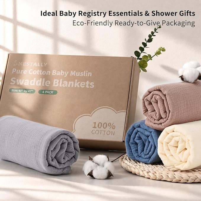 NESTALLY Cocoon Muslin Swaddle Blankets 4 Pack, Soft Breathable Large 47"x47" - Image 3