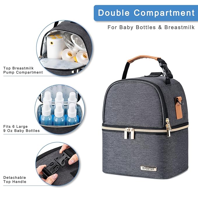 Breastmilk Cooler Bag with Ice Pack Fits 6 Baby Bottles up to 9 Ounce, Breastmilk Pump Cooler Bag with Shoulder Strap for Nursing Mom Daycare, Work, Travel- Grey